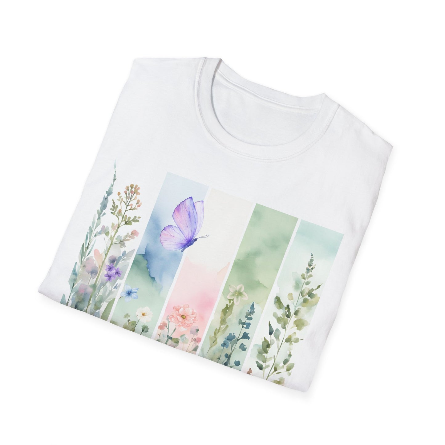 Watercolor Floral Butterfly T-Shirt, Soft Pastel Colors Tee, Unisex Top, Nature Lover Shirt, Spring Fashion Apparel