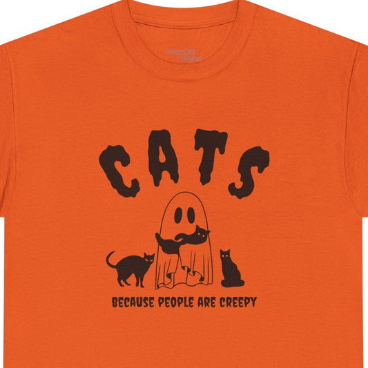 Orange t-shirt with black graphic and text on a white background
