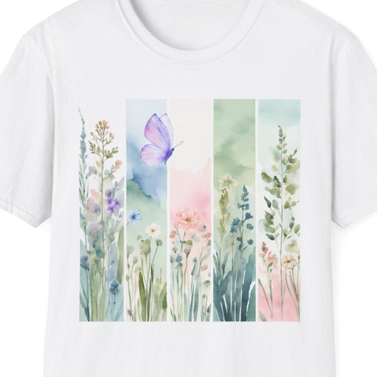 Watercolor Floral Butterfly T-Shirt, Soft Pastel Colors Tee, Unisex Top, Nature Lover Shirt, Spring Fashion Apparel